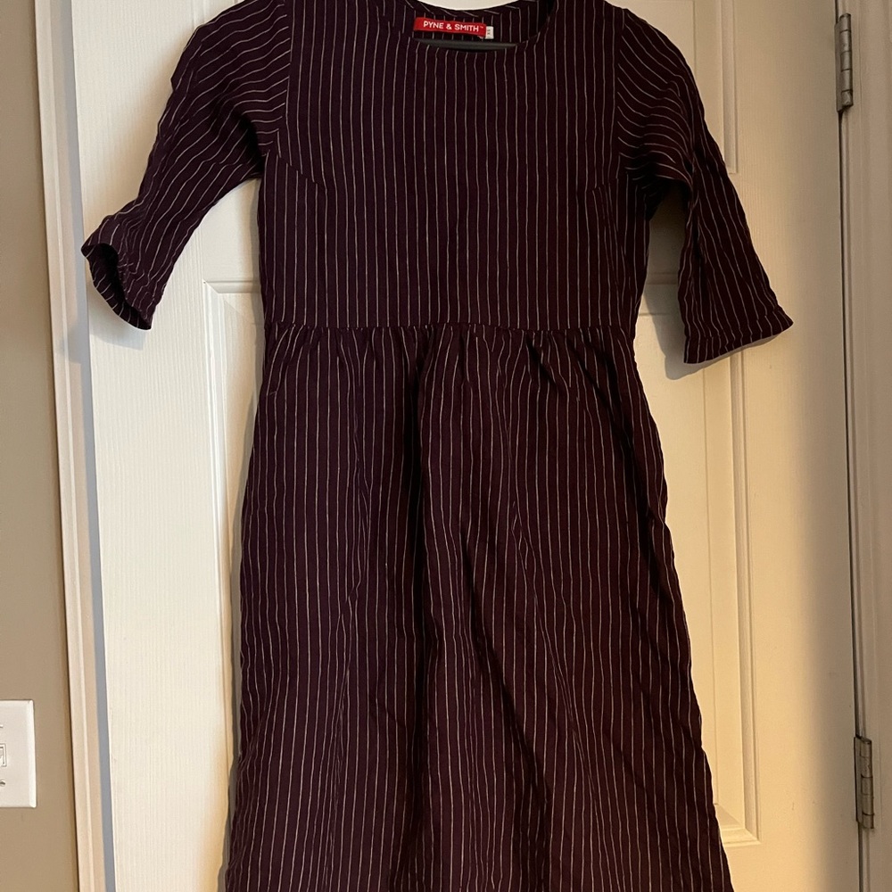 XS no 19 Thistle Stripe Pyne & Smith linen dress with waist ties pockets